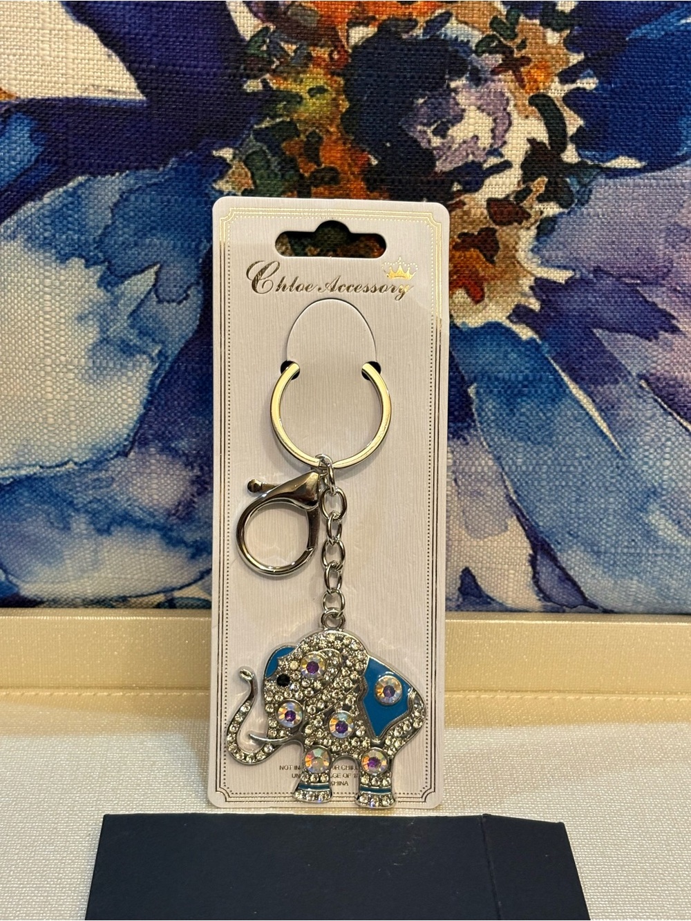 Elephant Bag Charm/Keychain Silver Blue & Crystals